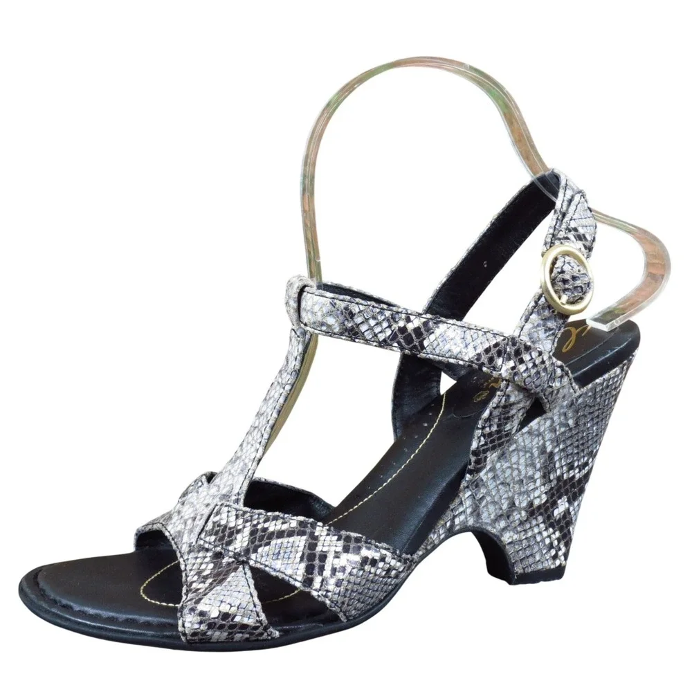 Crown by Born Women Wedge Sandal 9 Dress Casual‎ Grey Snakeskin Leather T-Strap